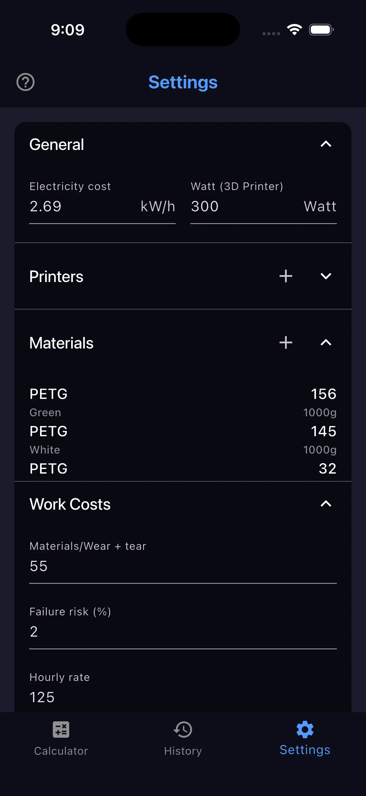 Settings tab for electricity, printers, materials, and work costs
